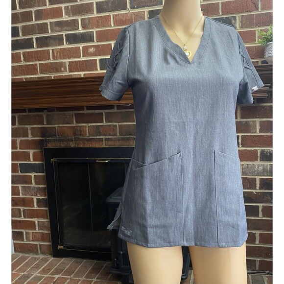 Grey’s Anatomy By Barco Size XXS  gray Scrub Top Short Sleeve V Neck Pockets - Picture 6 of 11